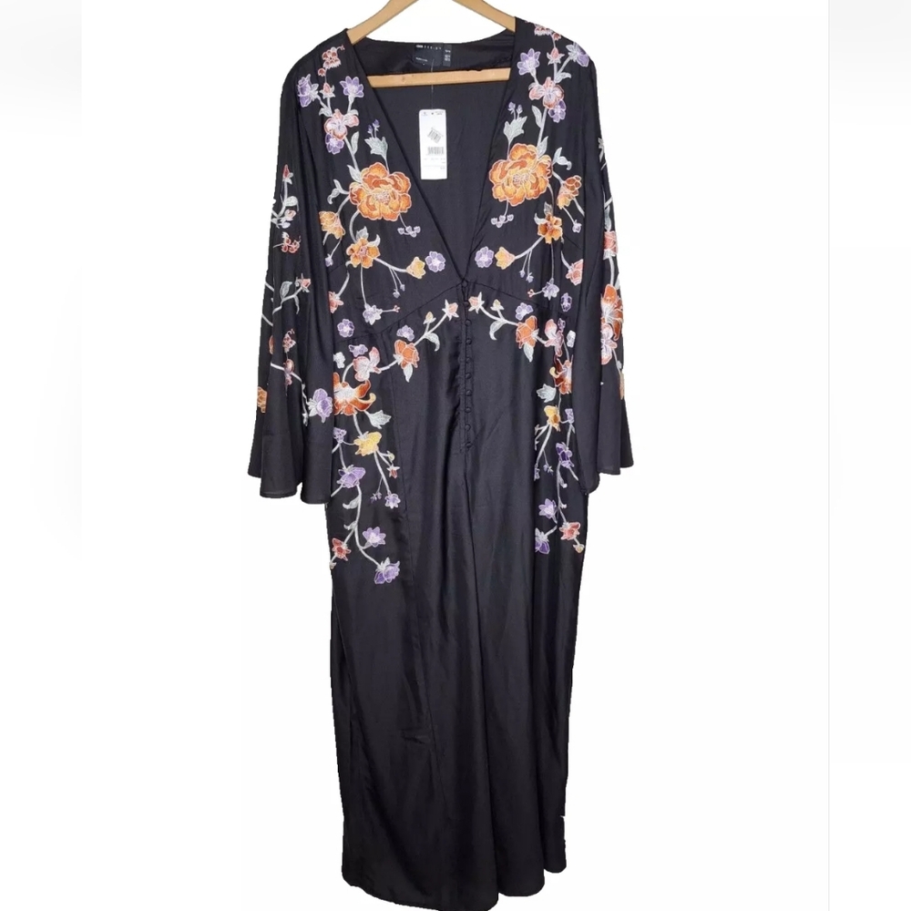 ASOS Design Button Up Flared Sleeve Embroidered Jumpsuit in Black Size 16